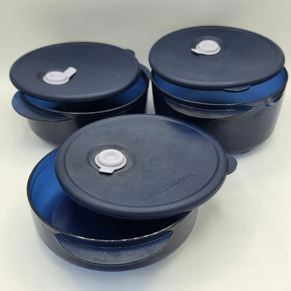 Tupperware Vent N Serve 3pc Small Round Microwave Container Set Indigo Blue